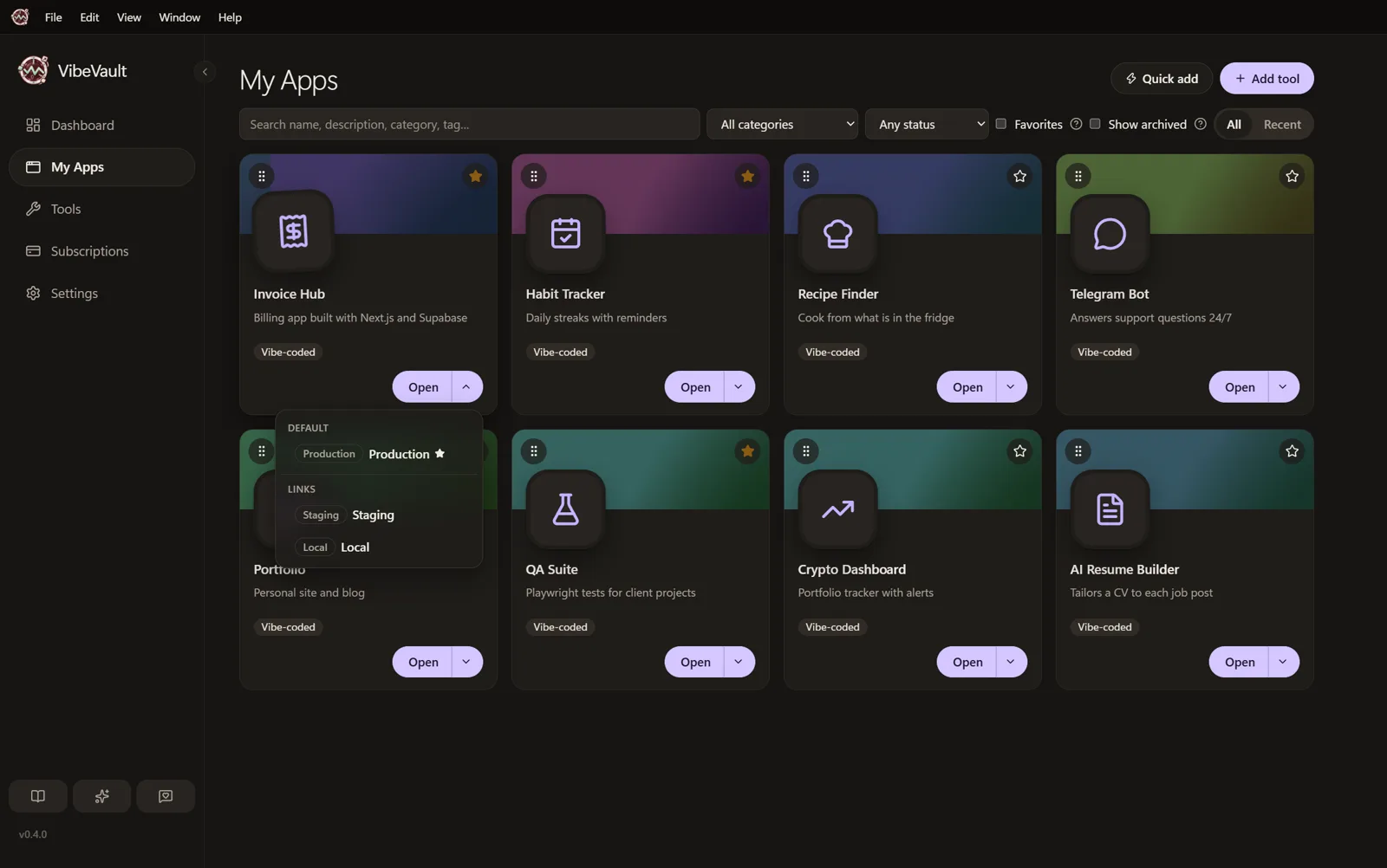 Invoice Hub’s Open menu with Production as the default, plus Staging and Local links.