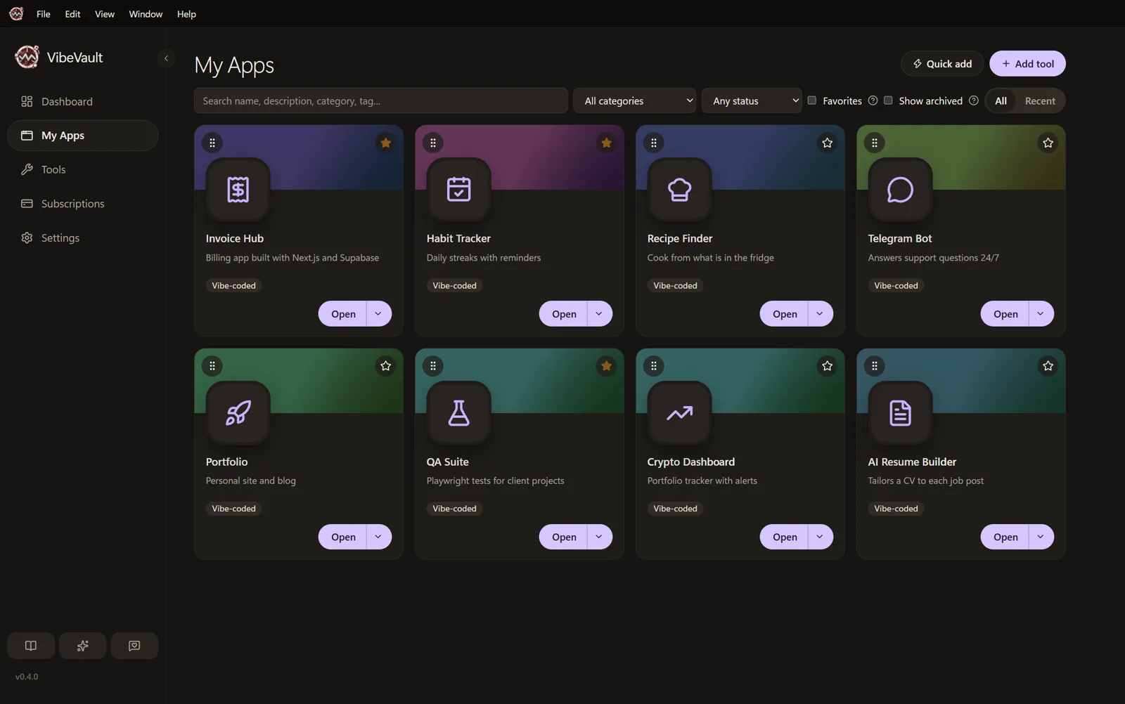 My Apps showing vibe-coded projects including Invoice Hub, Habit Tracker, Recipe Finder, Telegram Bot and QA Suite.