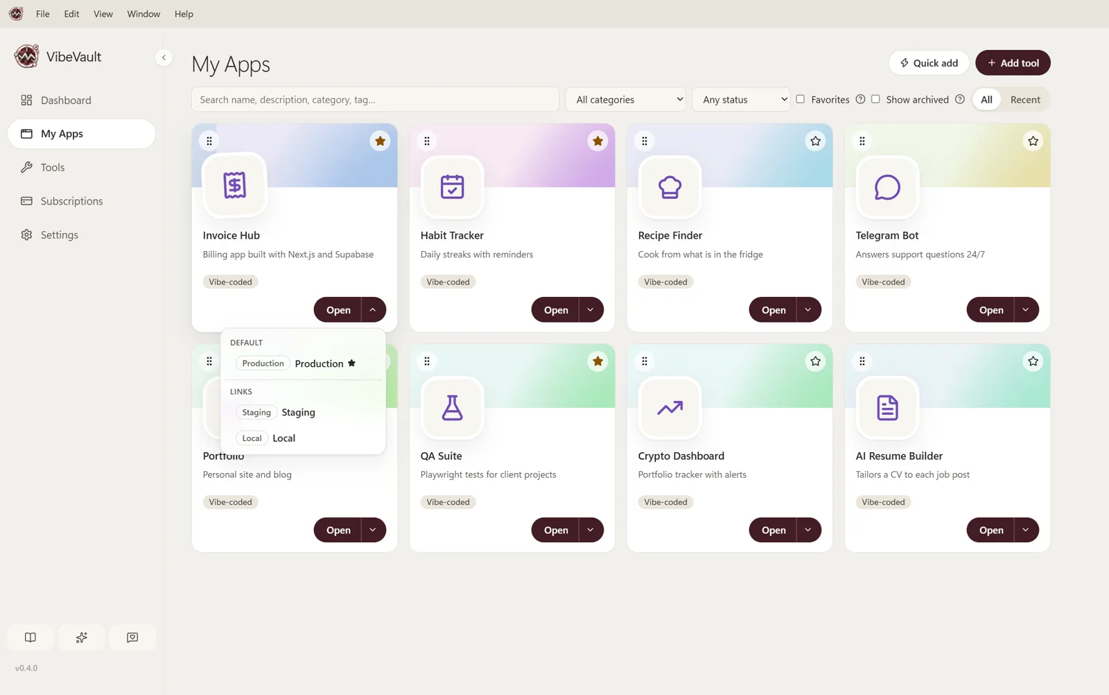 Invoice Hub’s Open menu with Production as the default, plus Staging and Local links.