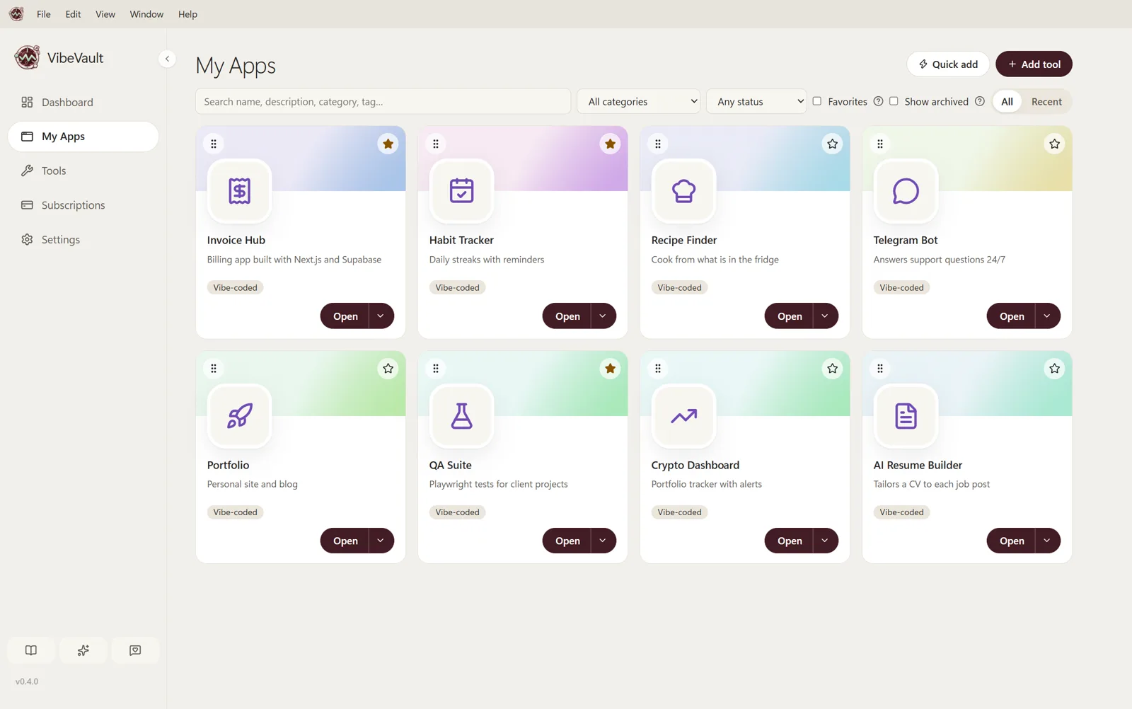 My Apps showing vibe-coded projects including Invoice Hub, Habit Tracker, Recipe Finder, Telegram Bot and QA Suite.