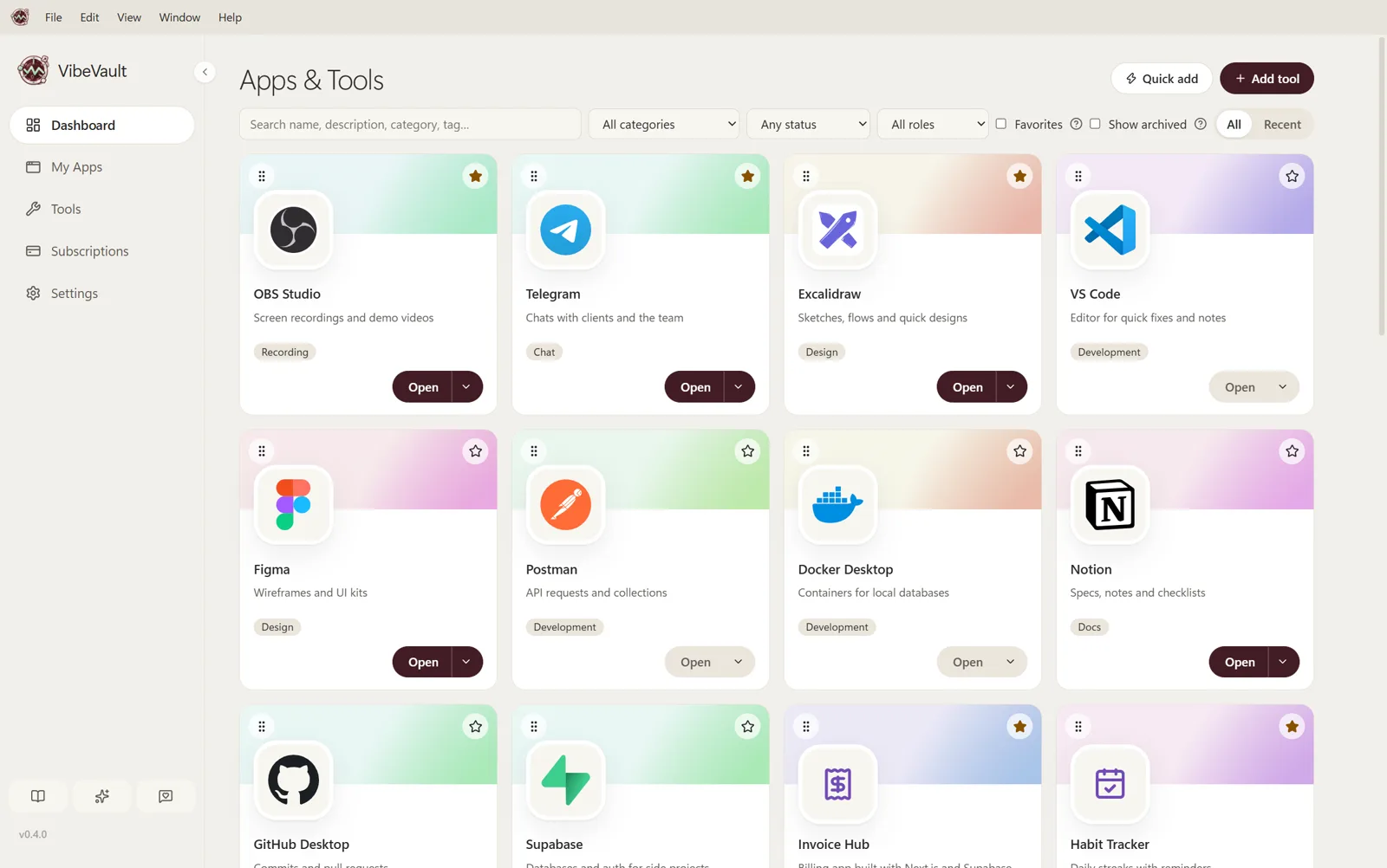 VibeVault Apps & Tools dashboard with OBS Studio, Telegram, Figma, Postman, and your own projects in cards with Open buttons.
