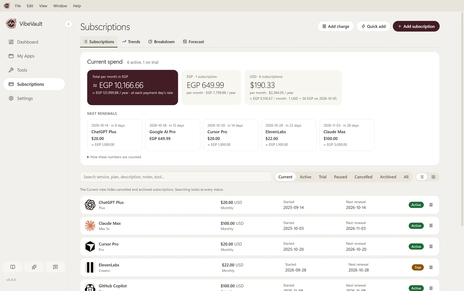 Subscriptions list showing paid AI plans, their prices and their next renewal dates.