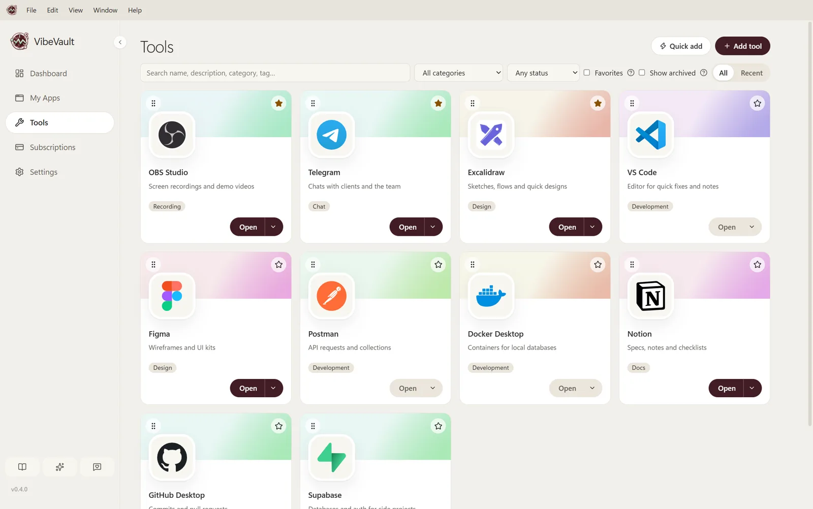 VibeVault Tools page with everyday third-party software organised into searchable cards.