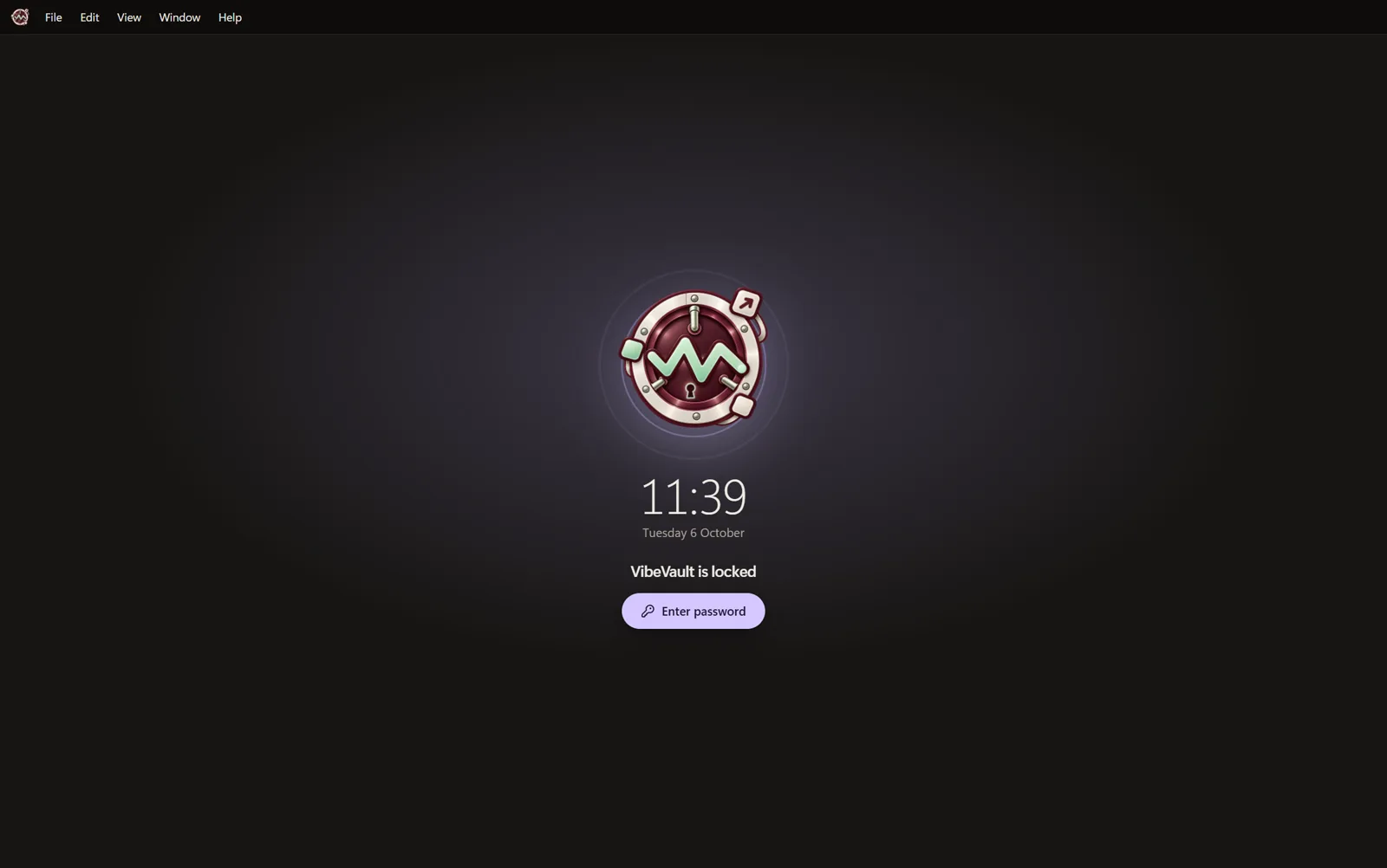 VibeVault’s optional app lock asking for a password before opening the workspace.