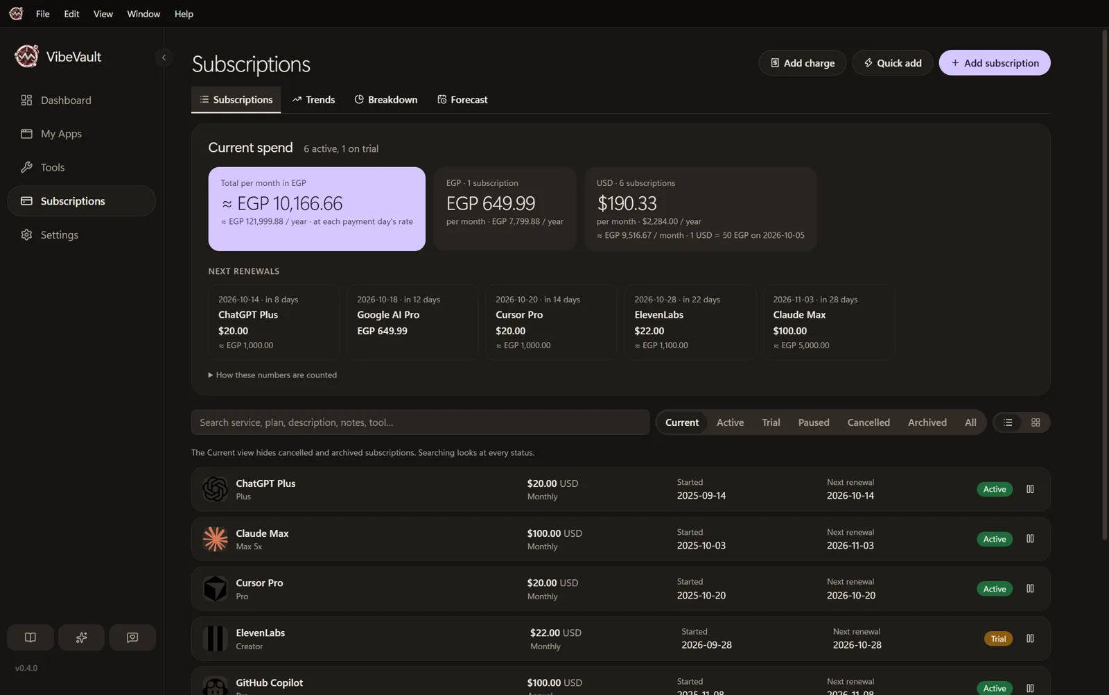 Subscriptions list showing paid AI plans, their prices and their next renewal dates.