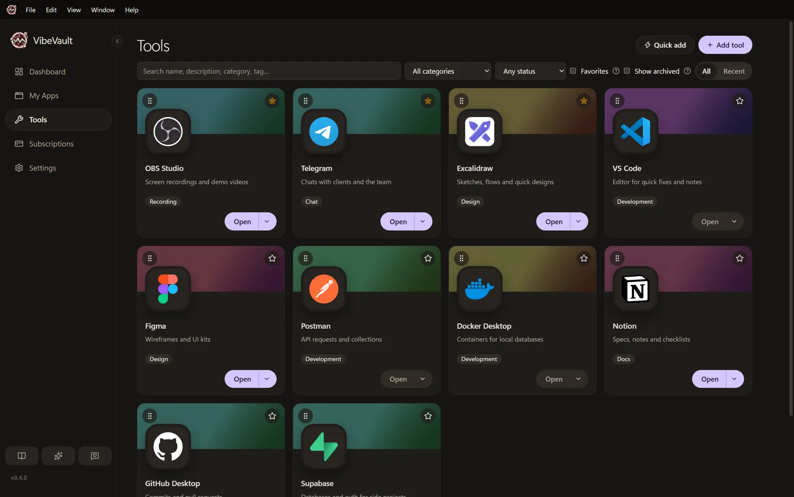 VibeVault Tools page with everyday third-party software organised into searchable cards.